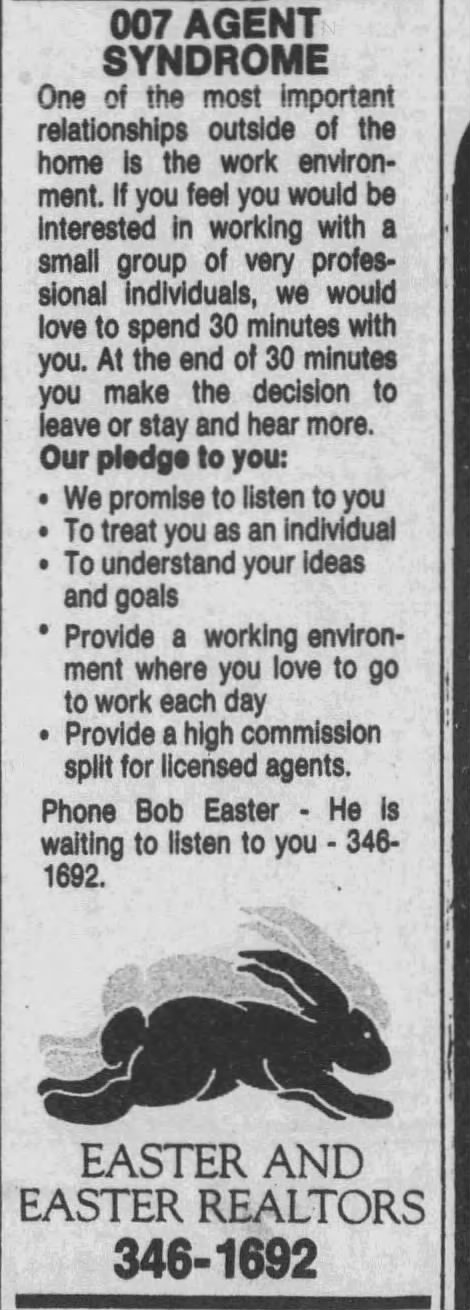 Bob Easter's 1982 newspaper ad headlined '007 Agent Syndrome' — promising to listen, treat agents as individuals, and create a working environment they love