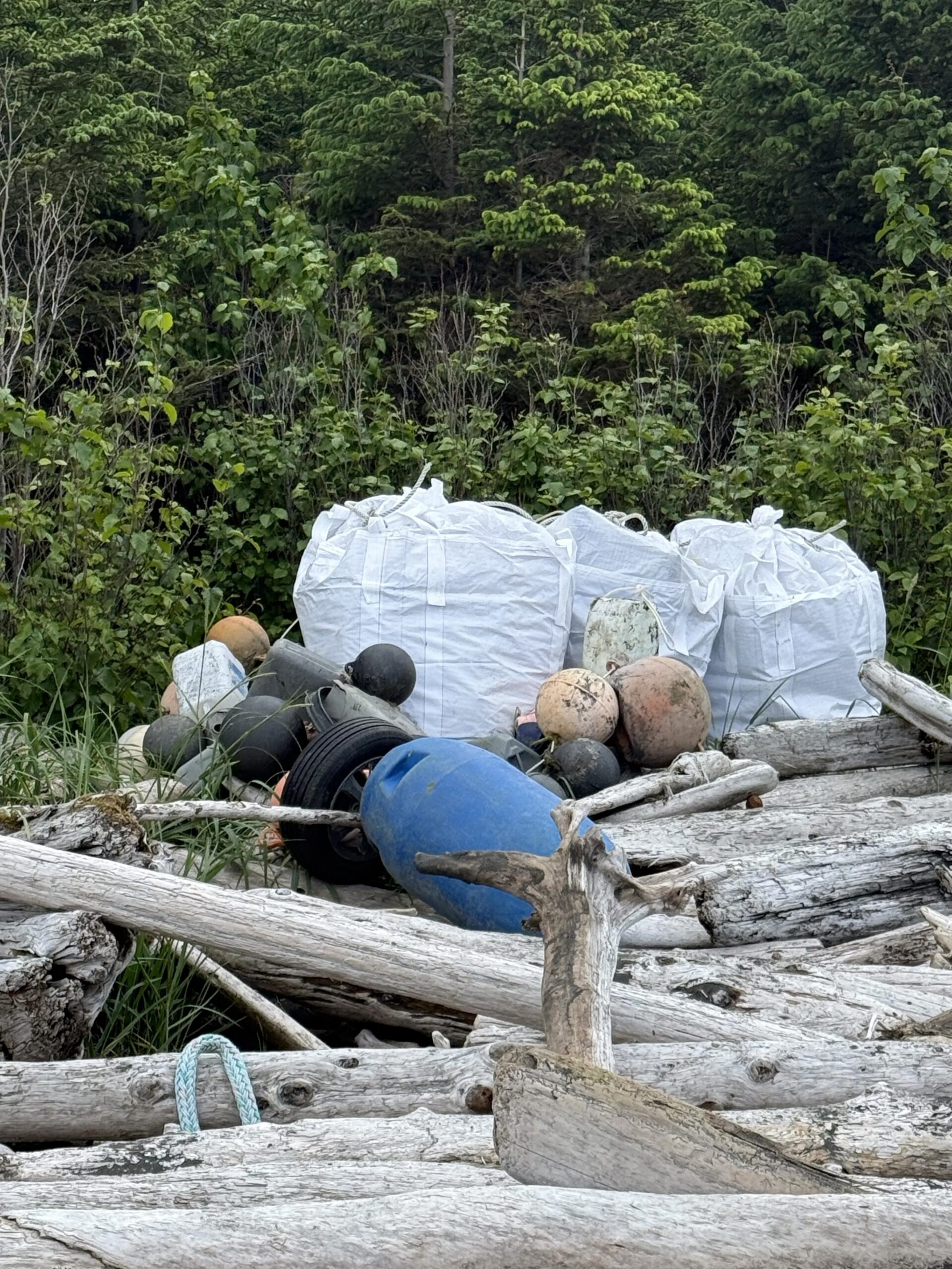 Marine debris and Super Sacks lined along the Montague Island shoreline